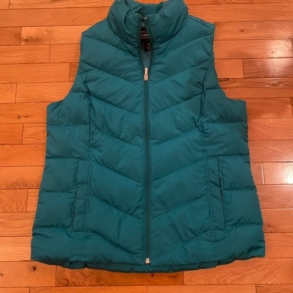Lands End Womens Teal Blue Chevron Quilted Puffer Vest Size M 10-12 Full Zip